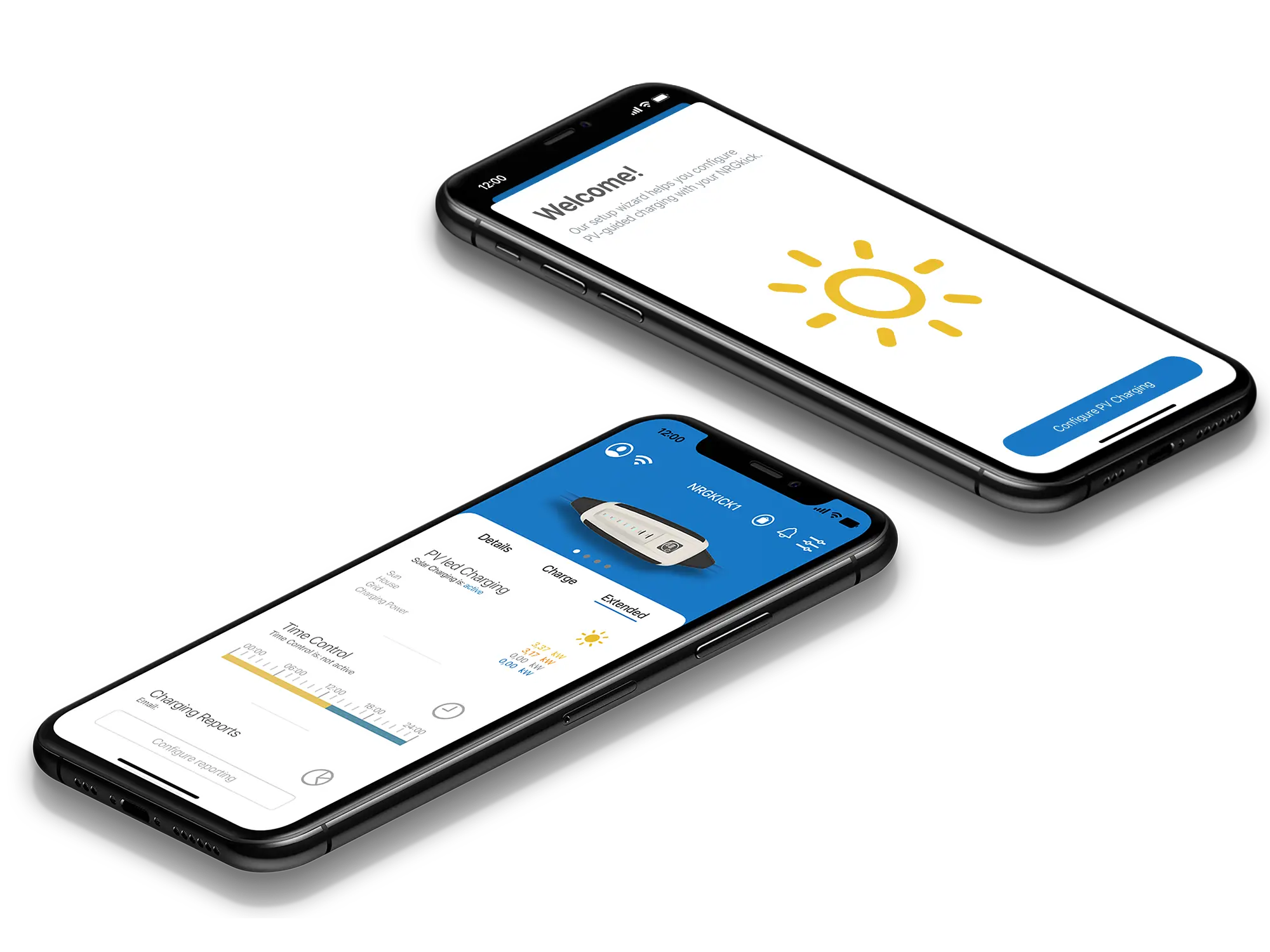 Two cell phones show the NRGkick app with the PV surplus charging function.