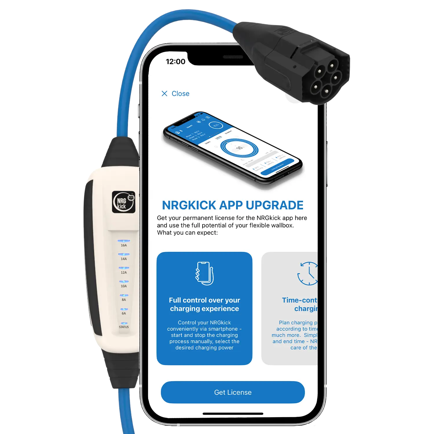 NRGkick app screenshot shows app upgrade next to mobile wallbox NRGkick.