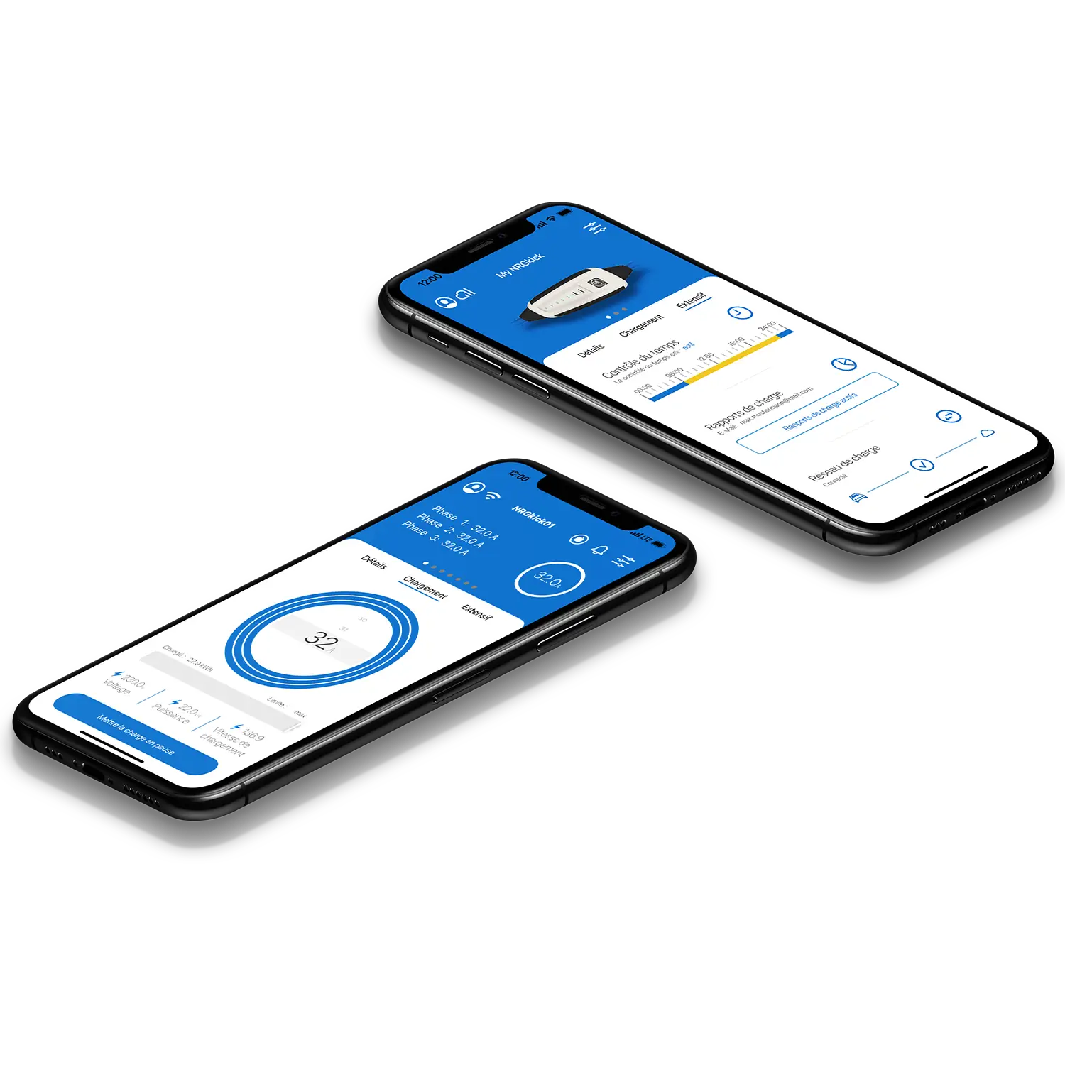 Des captures d'écran de l'application NRGkick présentent des fonctions intelligentes.