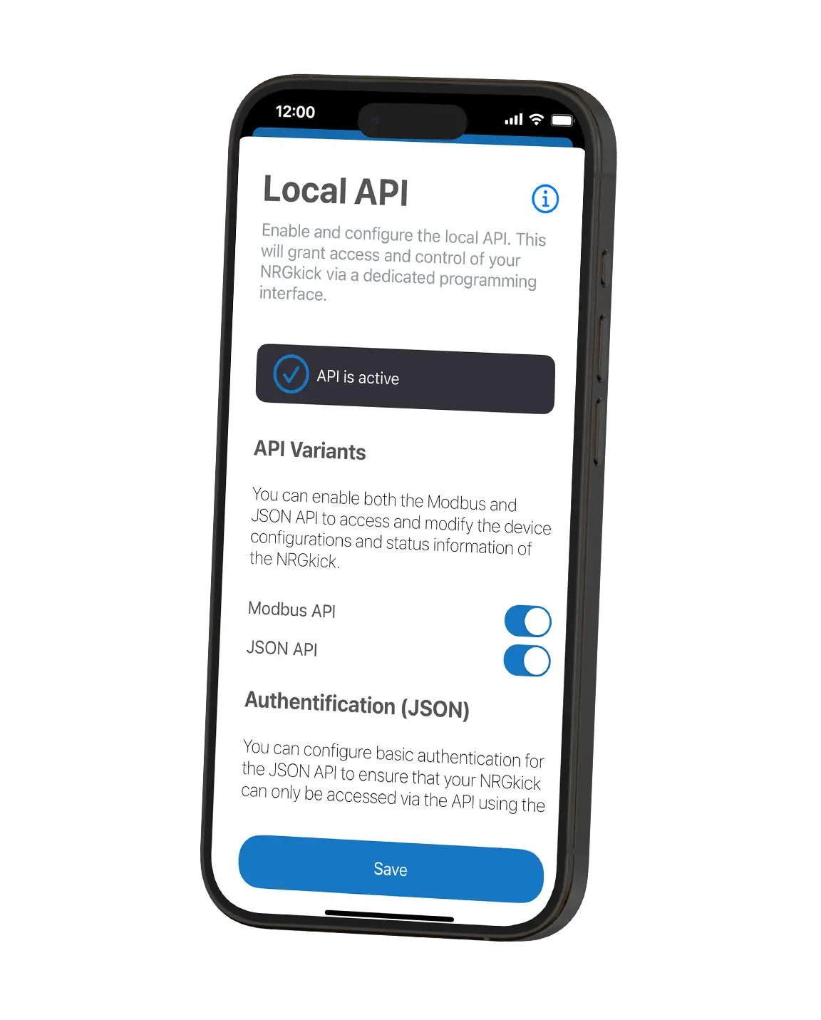 An app screenshot shows the NRGkick App with the "Local API" function.