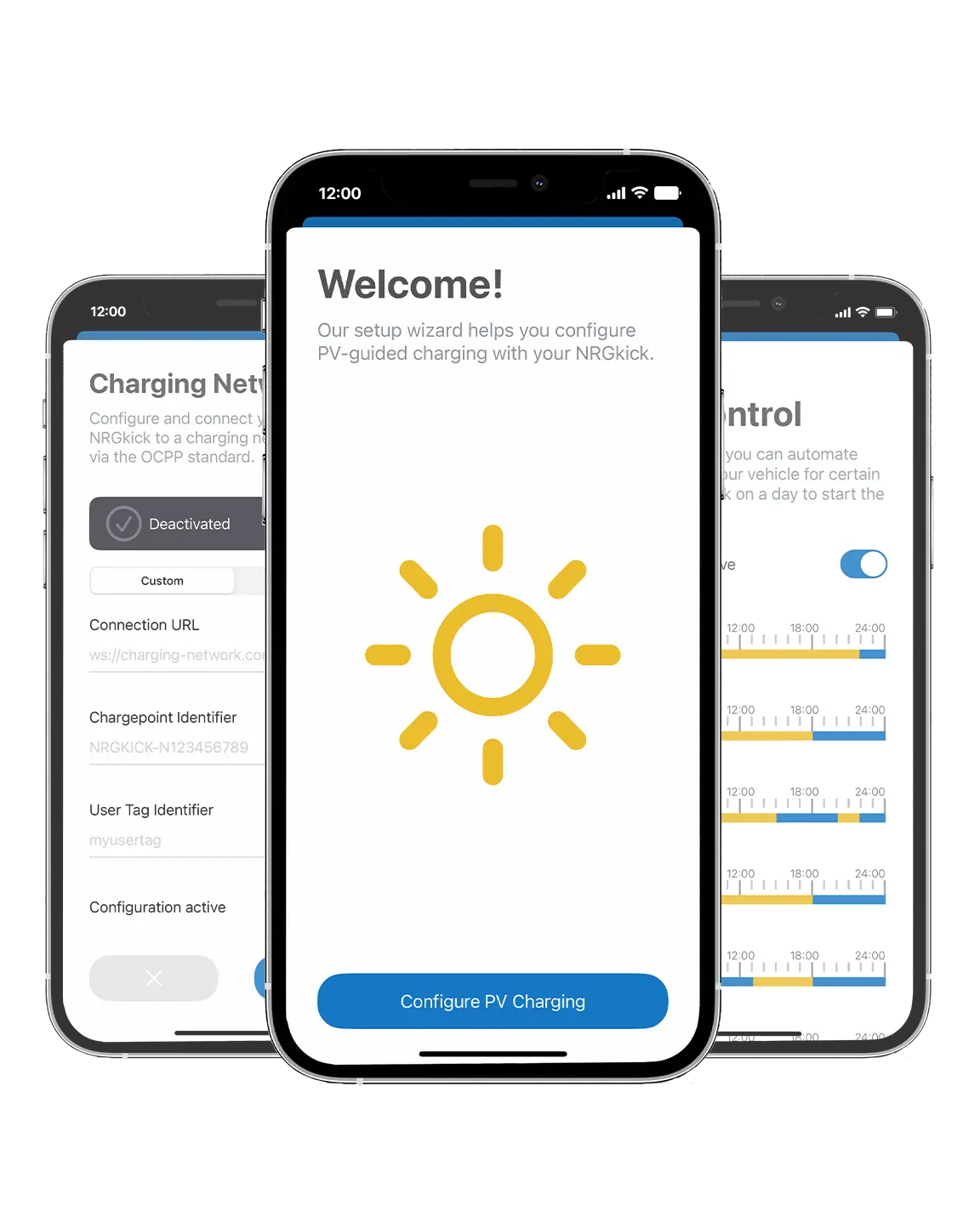 Three NRGkick app screenshots show intelligent functions such as PV charging, OCPP and time control.