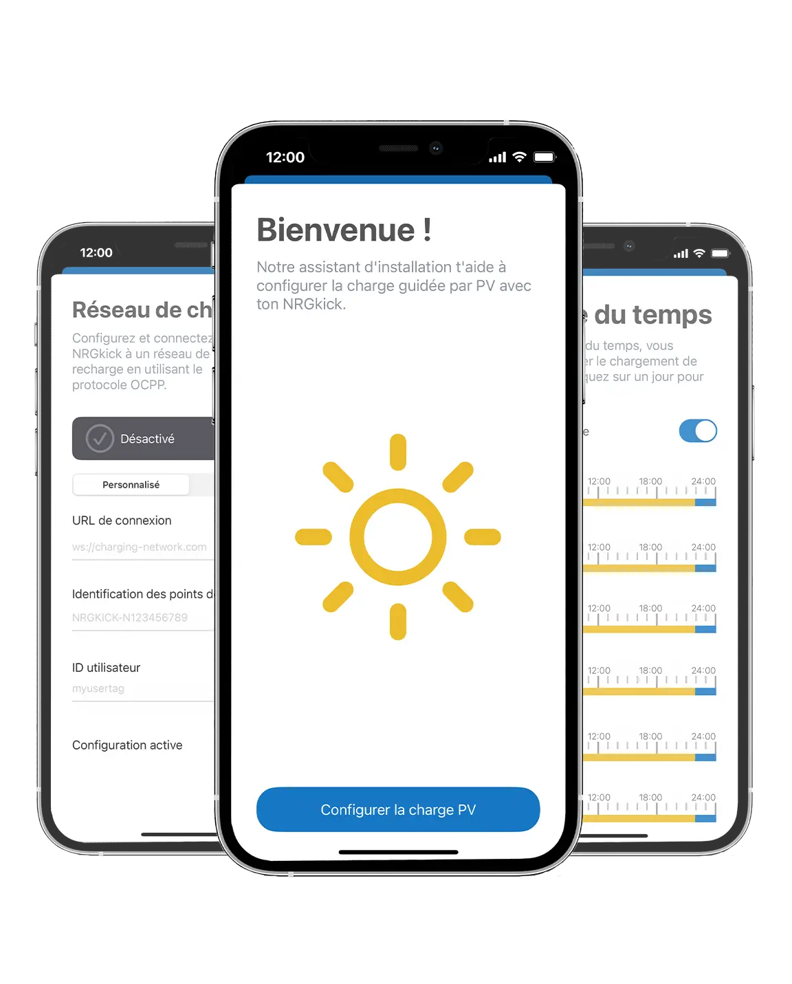 Trois captures d'écran de l'application NRGkick montrent des fonctions intelligentes telles que la charge PV, l'OCPP et la programmation horaire.