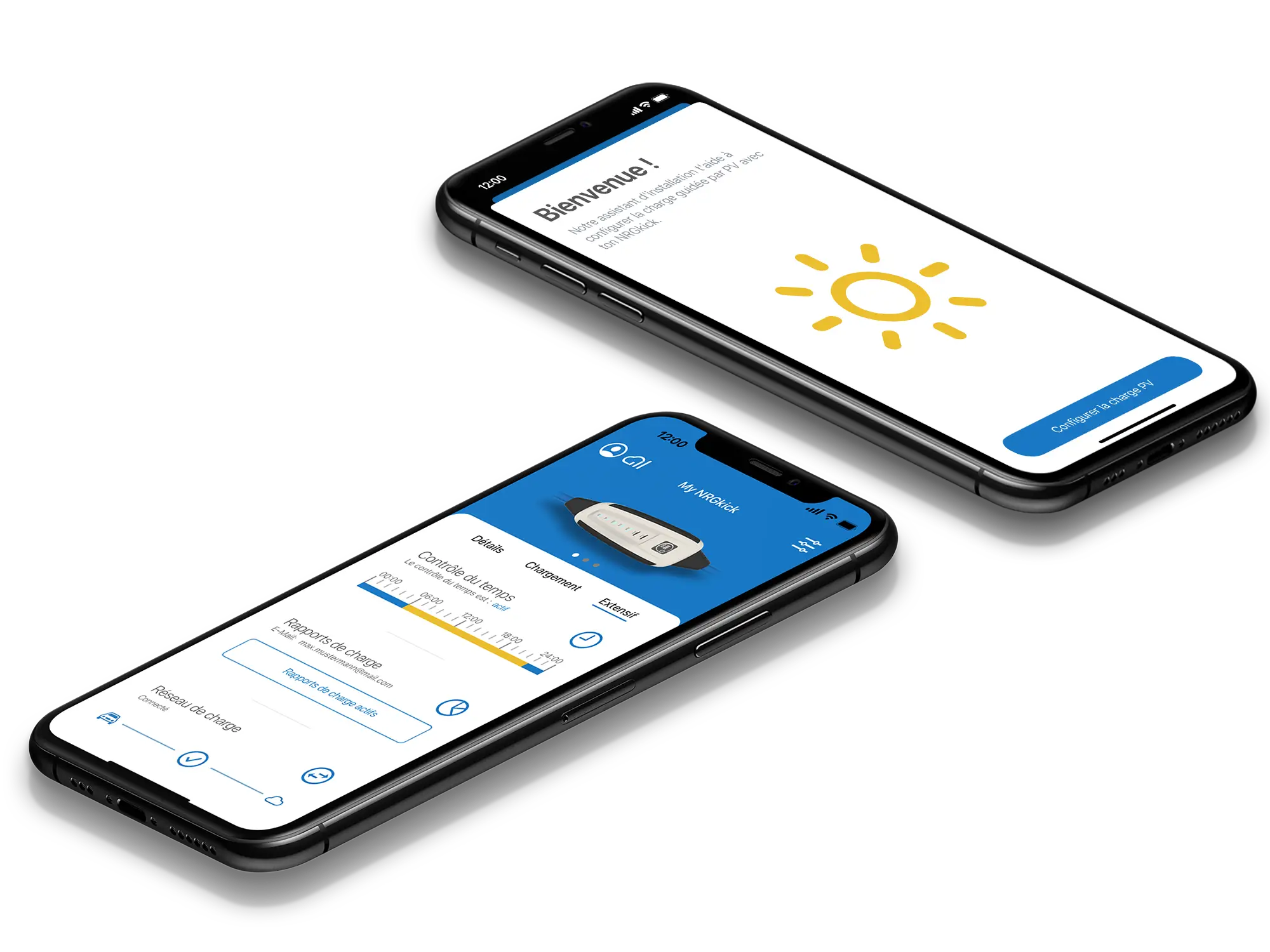 Deux téléphones portables montrent l'application NRGkick avec la fonction de suralimentation PV.