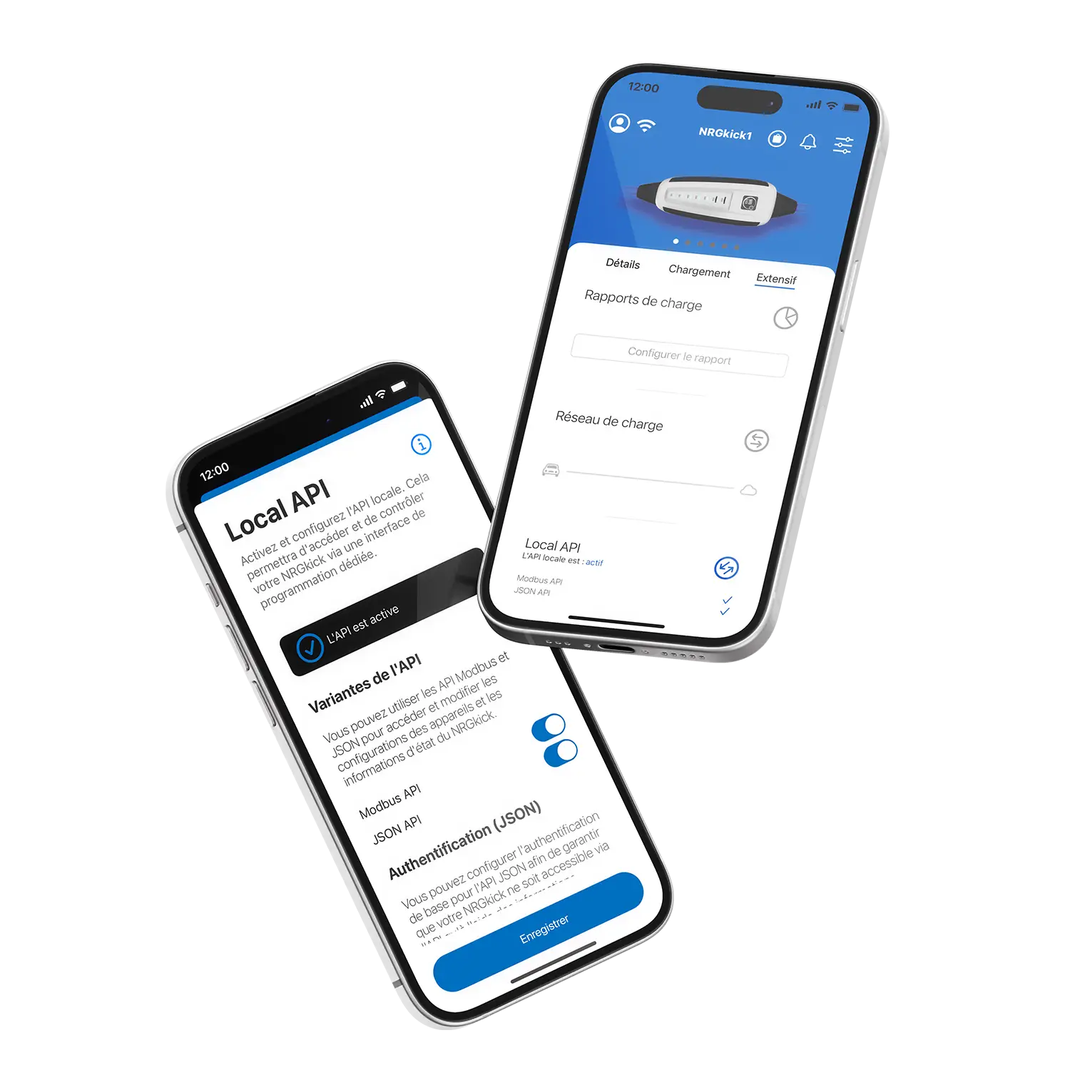 Deux captures d'écran de l'application montrent l'API locale dans l'application NRGkick.