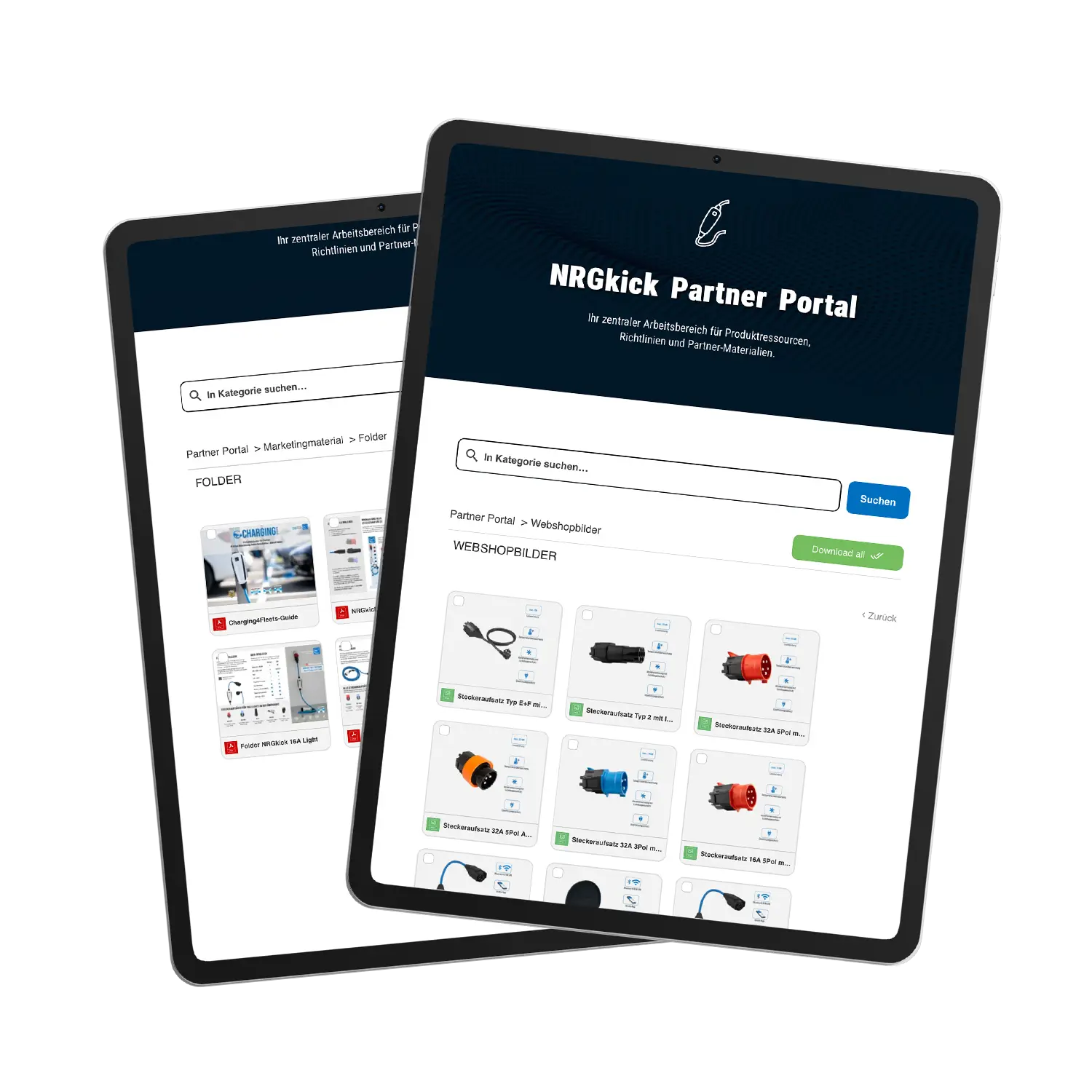 Zwei iPads zeigen das NRGkick Partnerportal