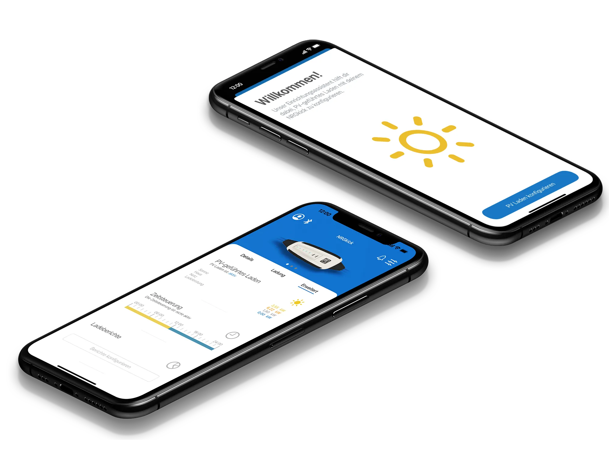 Zwei Handys zeigen die NRGkick App mit der PV-Überschussladen-Funktion.