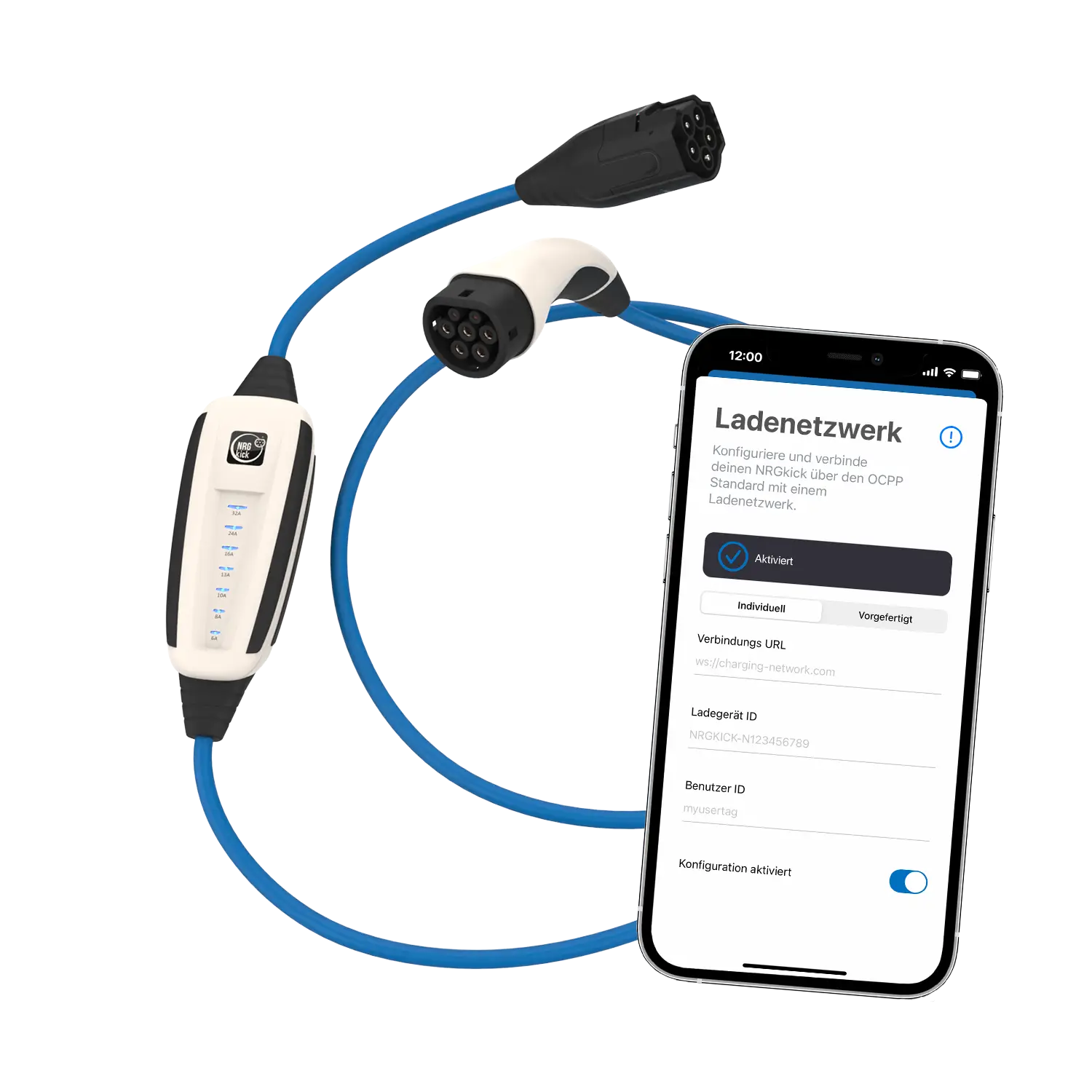 Zu sehen: Die flexible Wallbox NRGkick und die NRGkick App zeigt OCPP Funktion für Firmenflotten.