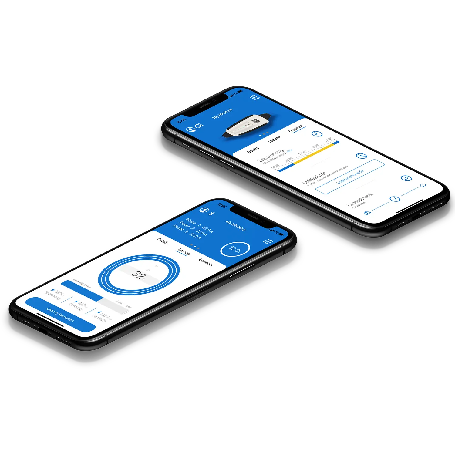 Screenshots der NRGkick-App präsentieren intelligente Funktionen.