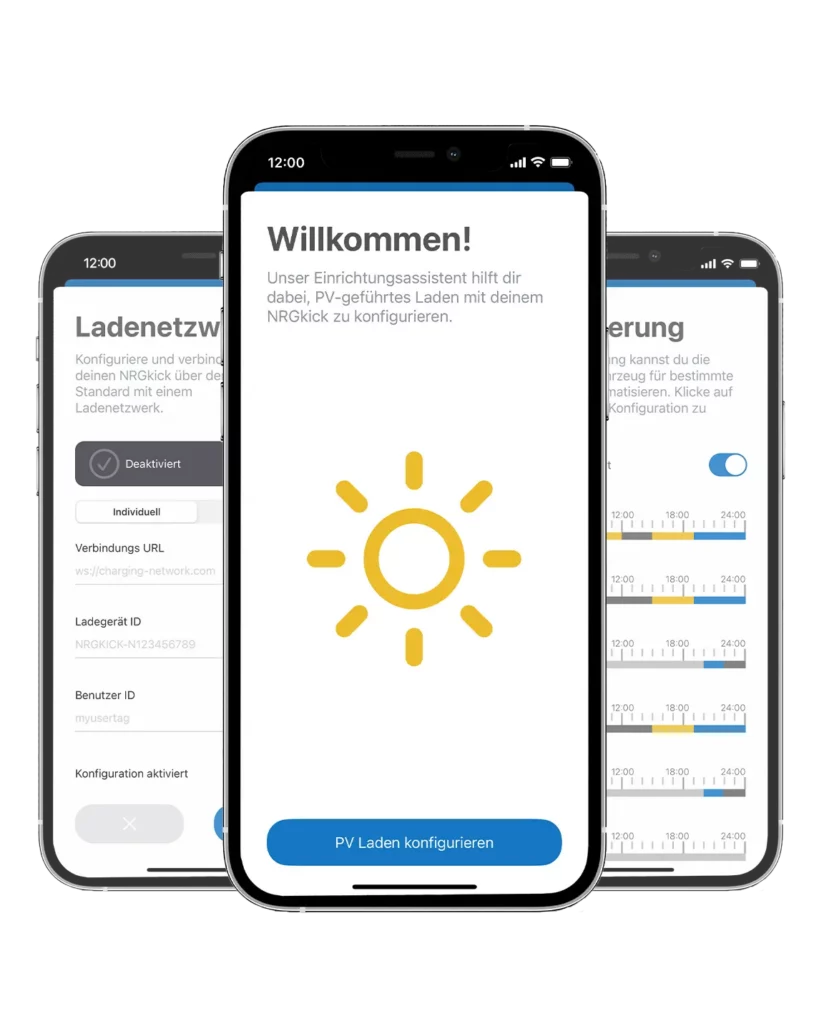Drei NRGkick-App-Screenshots zeigen intelligente Funktionen wie PV-Laden, OCPP und Zeitsteuerung.