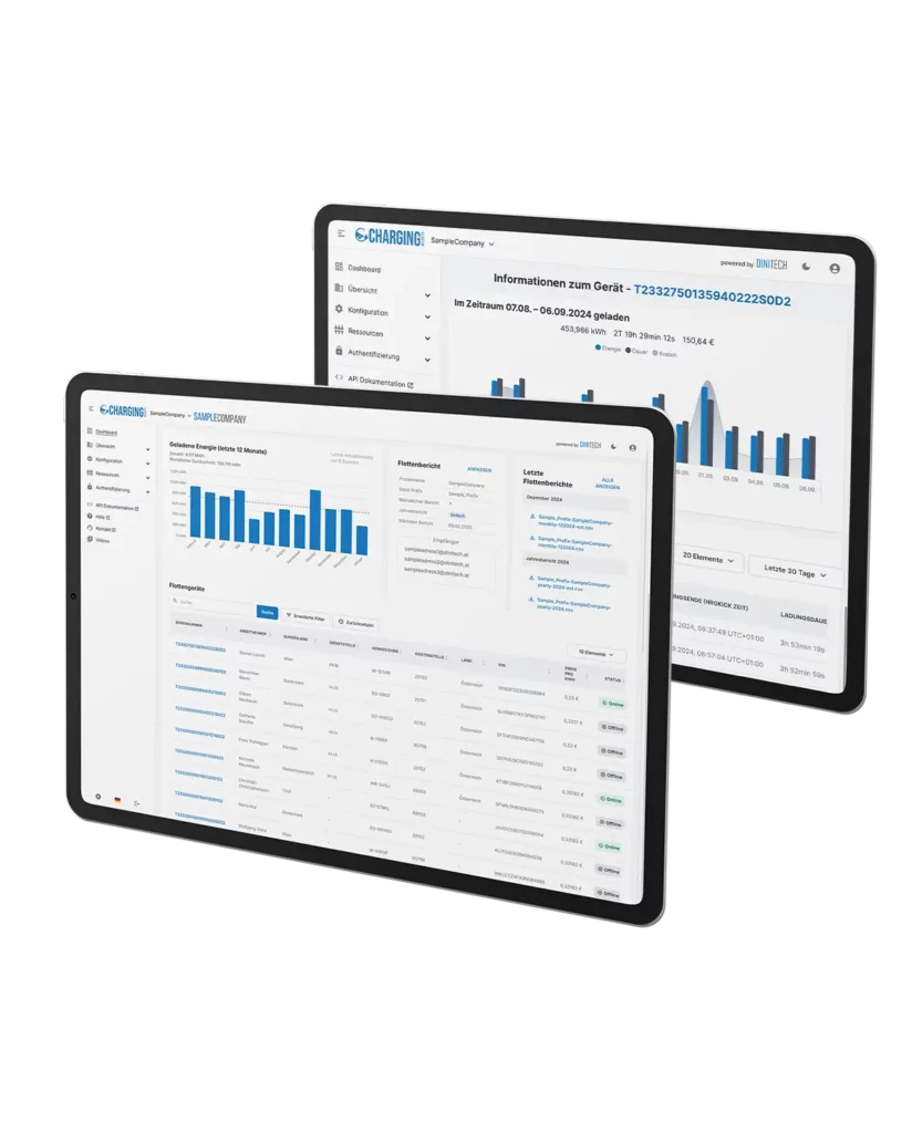 Zwei iPads zeigen das Charging4Fleets Online-Portal.