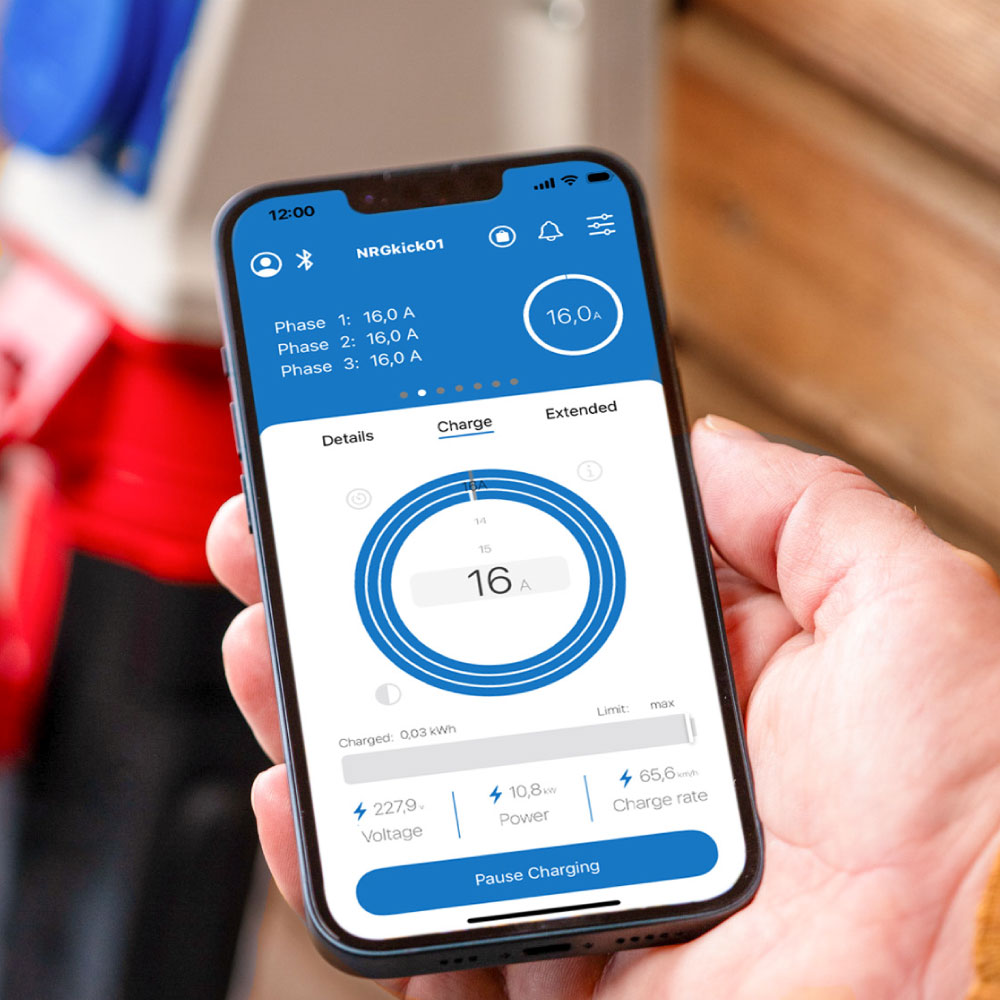 NRGkick 16A mobile wallbox is connected to the car with a vehicle-side type 2 plug.
